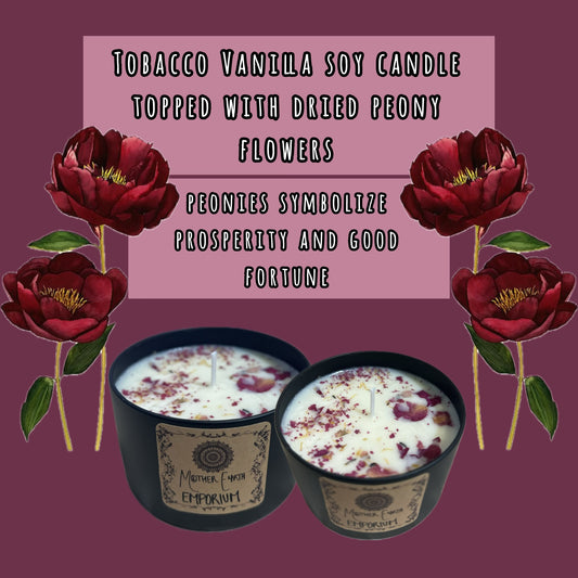 8oz. Tobacco Vanilla Soy Candle – Topped with Peonies for Prosperity