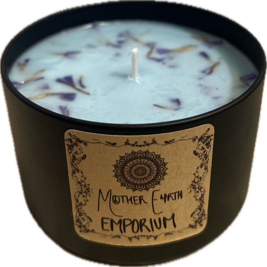 8oz. Blue Lotus Amber Soy Candle – Topped with Forget-Me-Nots for Remembrance